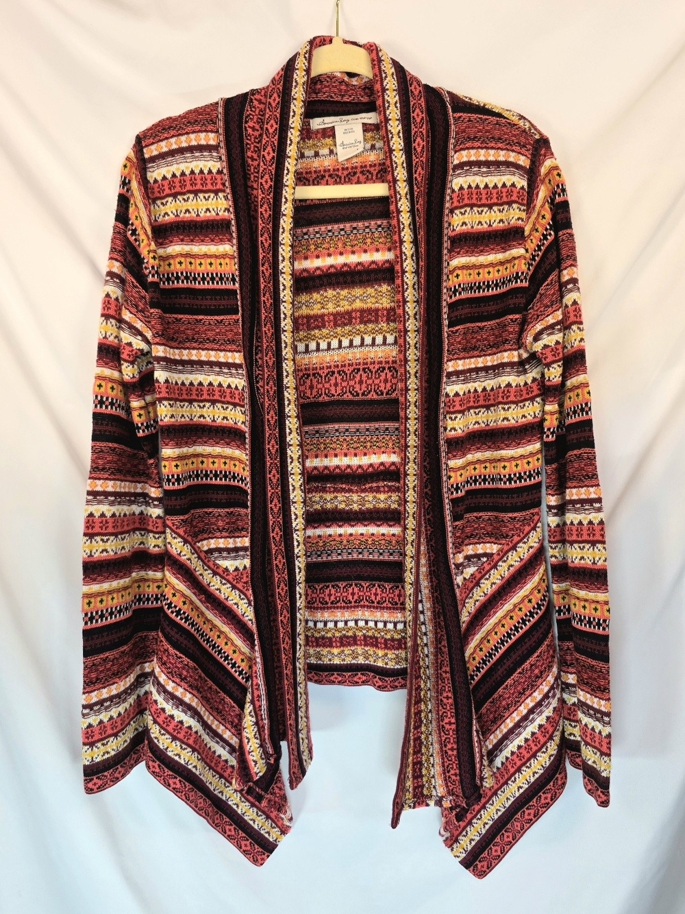 American Rag Boho Cardigan Sz L Southwestern Aztec Open Front Draped Fall Colors